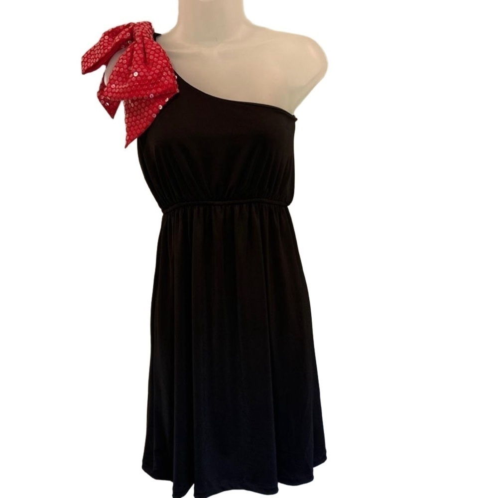 Judith March Black One Shoulder Dress w Red Sequin Bow! NWT